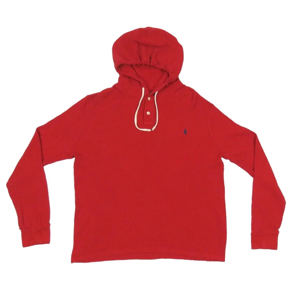 Ralph Lauren Polo Red Blue Pony Waffle Thermal 2 Button Hooded Pullover Jacket